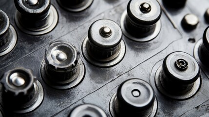 Obraz premium Detailed close-up of industrial automation components with intricate metallic textures and precision elements, showcasing technological advancement and control.
