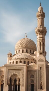 Grand Mosque with Ornate Dome and Towering Minaret Against Blue Sky.