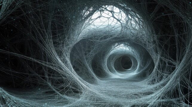 Intricate Neural Network Tunnel with Dynamic Angles and Conceptual Imagery in Dim Light