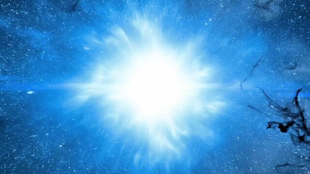A bright blue star or sun in a night sky with clouds