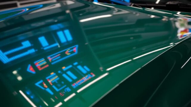 Close-up video of a dark green car hood with shiny reflective surface and blue logo details