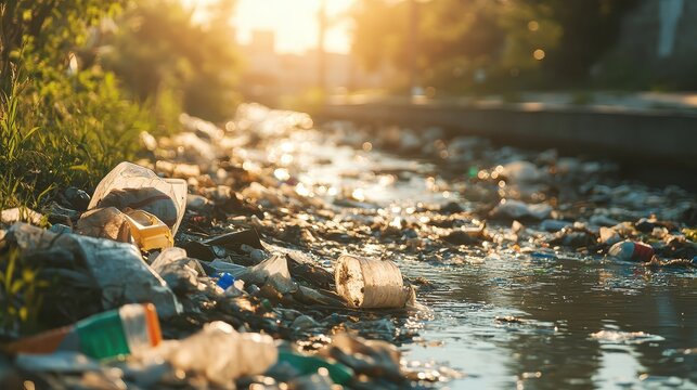 Environmental pollution from discarded plastic in an urban canal with sunlight highlighting the debris and impacting the water flow