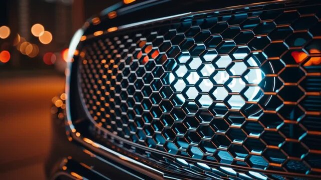 Close-up of a luxury car grille with a honeycomb pattern at night
