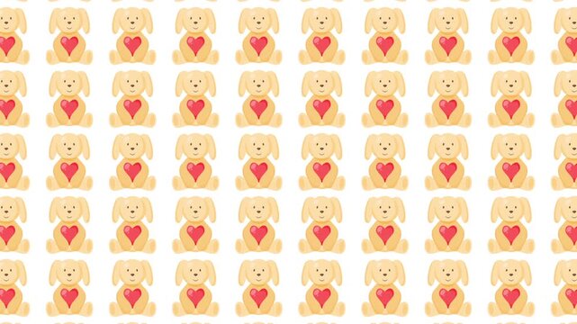 Pattern of dogs holding red hearts on white, perfect for valentines day cards, gift wrap, and petrelated design projects.