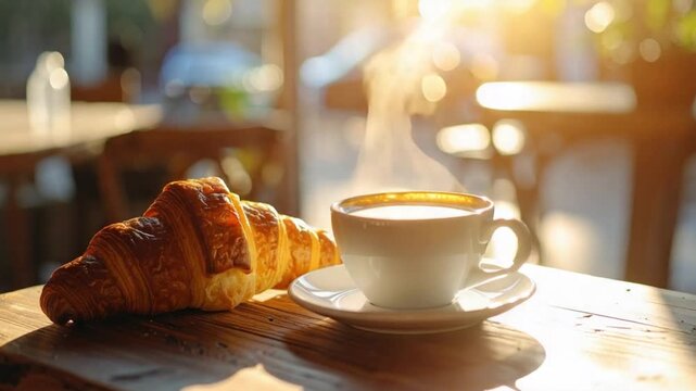 Warm morning light illuminates a fresh croissant and steaming coffee