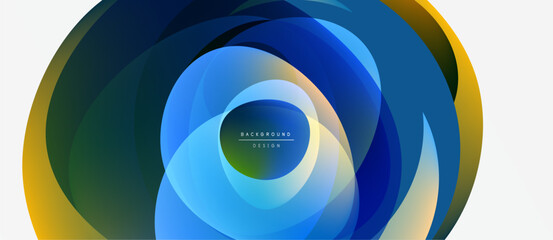 Fototapeta premium Abstract layers create dynamic circular design. Blue, green, yellow hues blend, forming modern background. Minimalist text present.