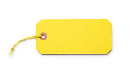 Blank yellow price tag with string attached.