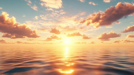 Fototapeta premium Golden Sunset Over the Ocean Horizon with Reflecting Sunlight and Textured Clouds