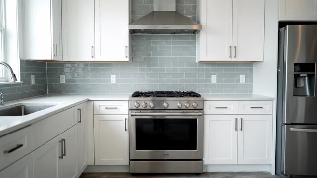 A bright, empty room transforms into a modern, well-equipped kitchen. White cabinets and stainless steel appliances create a clean, contemporary space.