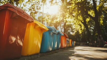 Overflowing Trash Bins Lined Up Along a Sunny Residential Street with Vibrant Colors and Trees