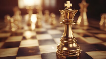 Golden Chess King Piece Centered on a Chessboard, Symbolizing Strategic Warfare and Intellectual Competition