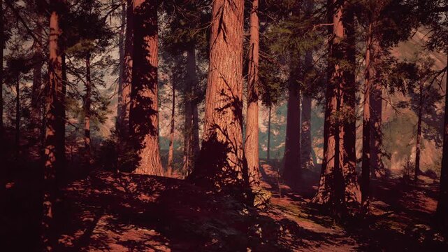 Towering sequoia trees dominate the tranquil forest. Soft sunlight filters through the branches, casting enchanting shadows on the forest floor, creating an ethereal atmosphere.