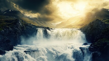 Obraz premium Majestic waterfall cascading down dramatic rocky mountains under stormy golden skies