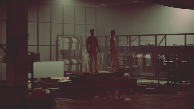 The store exhibits extensive damage from a recent robbery, with shelves overturned and debris scattered across the floor, showcasing the chaos left by nighttime marauders.