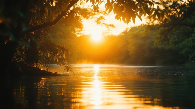 Golden sunrise reflected on tranquil water amidst lush greenery, a breathtaking natural morning scene