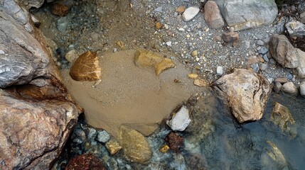 Parched riverbed displaying severe water scarcity, cracked earth, and scattered stones in a natural, desolate environment.