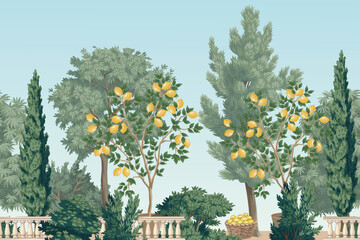 Fototapeta premium Italian landscape, cypress tree, lemon tree , palms seamless border. Summer mural. 