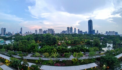 Obraz premium City skyline with green park and winding pathways under a cloudy sky buildings skyscrapers