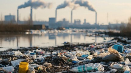 Polluted industrial landscape with overflowing waste and factory emissions against a hazy sky