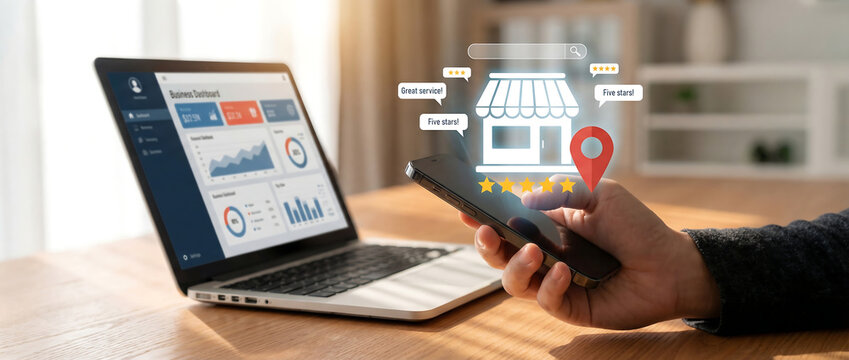 Smartphone displaying local business search with reviews, stars, and map pin, alongside a business analytics dashboard.