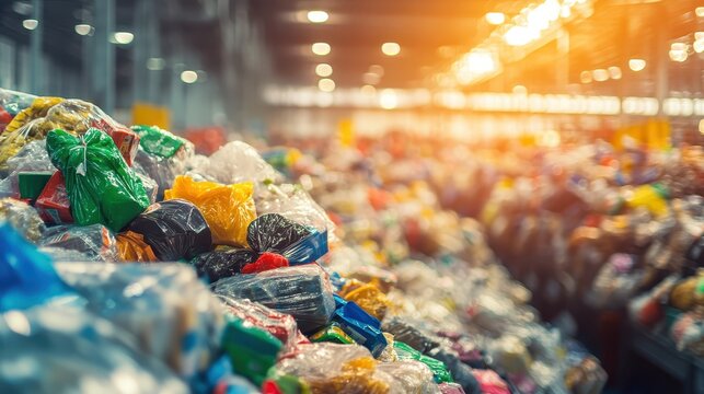 Massive piles of unsellable goods, representing consumerism and overproduction in a vast retail warehouse setting