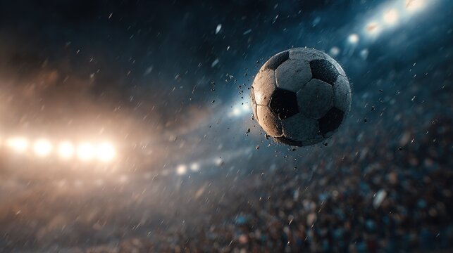 Dynamic action shot of a soccer ball flying through the air at a stadium
