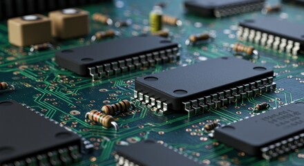 Fototapeta premium Electronic circuit board with microchips and components close up view technology background