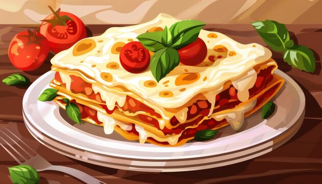 Deliciously layered pasta dish with rich sauce, melted cheese, and fresh basil served on a wooden table with cherry tomatoes