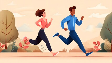 Fototapeta premium Couple jogging in park during autumn season, embracing healthy lifestyle and outdoor activity