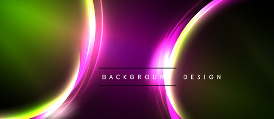 Naklejka premium Abstract background features vibrant curves, gradients. Colors transition from green to purple, creating dynamic visual effect. Text reads background design.