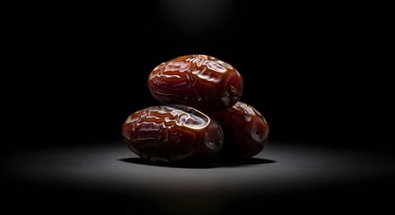 Obraz premium A trio of ripe, glossy dates, their rich, brown skin glistening under dramatic studio lighting against a dark backdrop