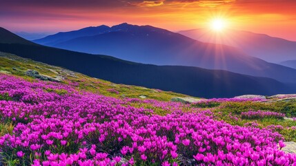 Obraz premium Vibrant spring mountain meadow in full bloom under a colorful sunset sky with radiant sunlight casting over the peaks