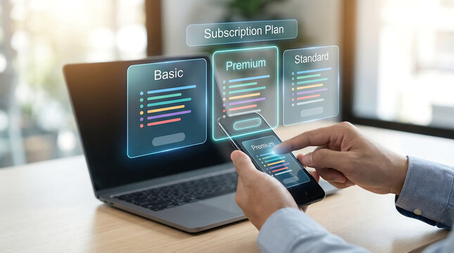 Comparing subscription plans on a smartphone and laptop, choosing premium services with digital pricing options