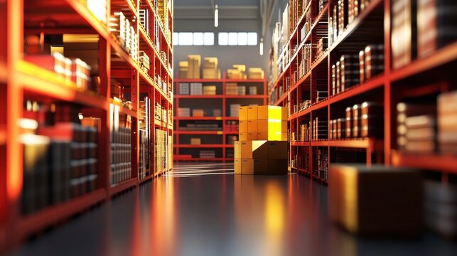 Vast warehouse filled with surplus goods on red industrial shelving, showcasing excess inventory and overproduction