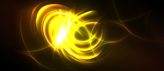 Bright yellow energy swirls against dark background. Intense light radiates from central point, creating dynamic visual effect.