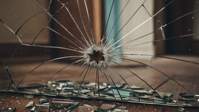 Broken mirror on wooden floor showing shards, a concept of misfortune, damage, accident, or unlucky fate