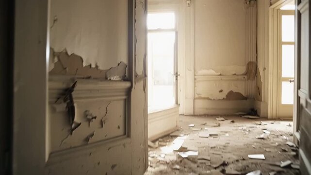 Abandoned home interior with broken mirror on floor and peeling paint, depicting decay and neglect in a vacant building.