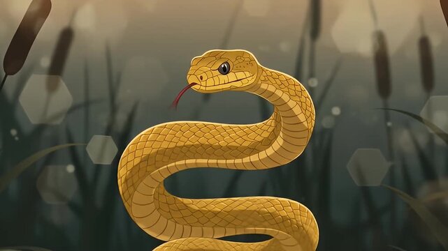 A vibrant golden snake coiled among cattails in a serene wetland at dusk