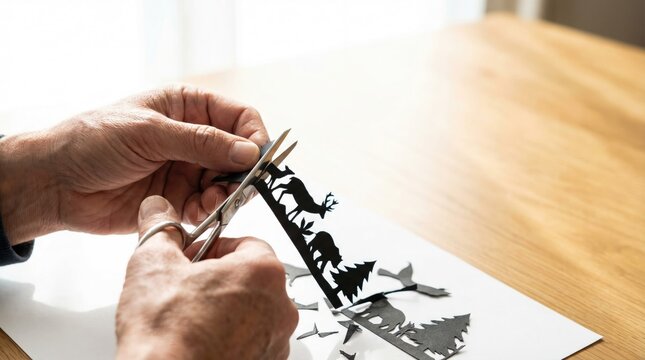 Person's hands using small scissors to meticulously cut a detailed black paper silhouette of a forest scene with animals.