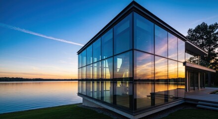Fototapeta premium Modern glass house by a lake at sunset