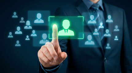 Fototapeta premium Businessman selecting a profile icon on a digital interface, representing employee selection, user choice, and human resources.