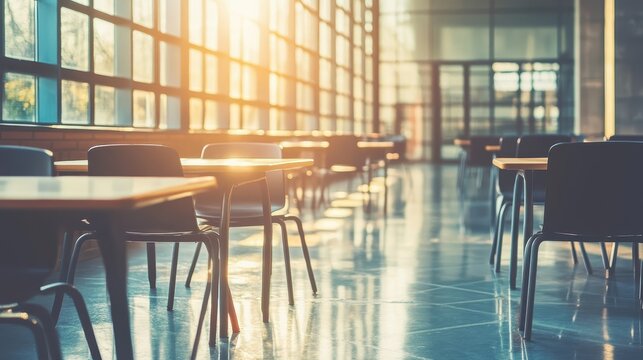 Sunlit empty classroom interior with rows of desks and chairs bathed in warm natural light