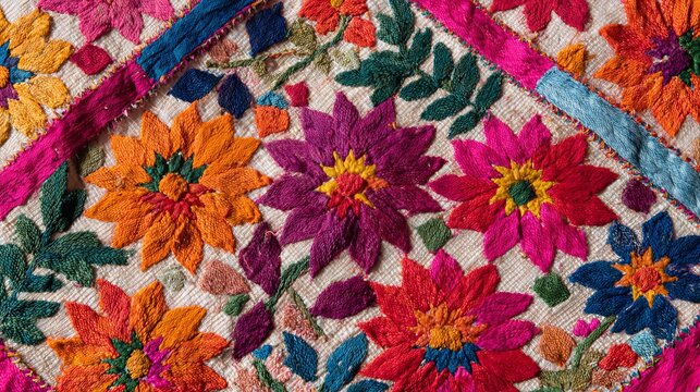 Colorful Phulkari dupattas with geometric flower designs are popular in Pakistan.