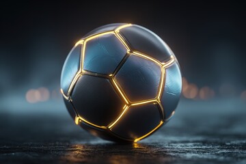 Fototapeta premium Futuristic white soccer ball with glowing blue neon lines on wet pavement