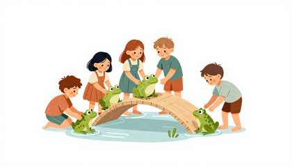 Children Exploring Nature and Playing with Frogs