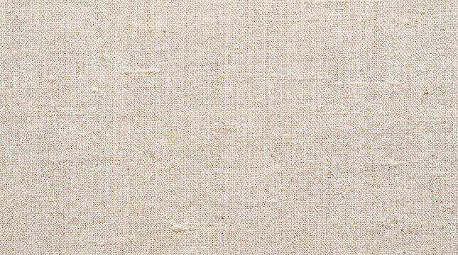 A close-up view of a textured undyed textile fabric with a plain weave showing natural fibers and slight irregularities in the surface
