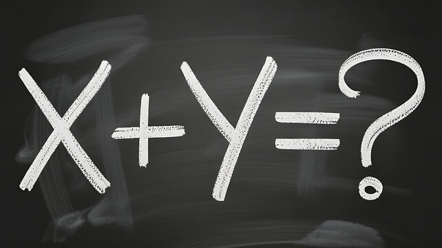 White chalk mathematical equation x plus y equals question mark on blackboard background for education and problem solving concept