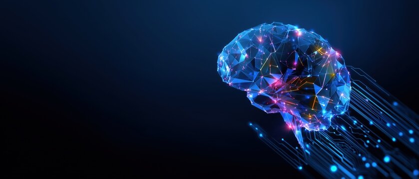 abstract background with colorful low-poly brain and circuit board elements on a blue background concept of artificial intelligence, machine learning, or digital technology Generative AI