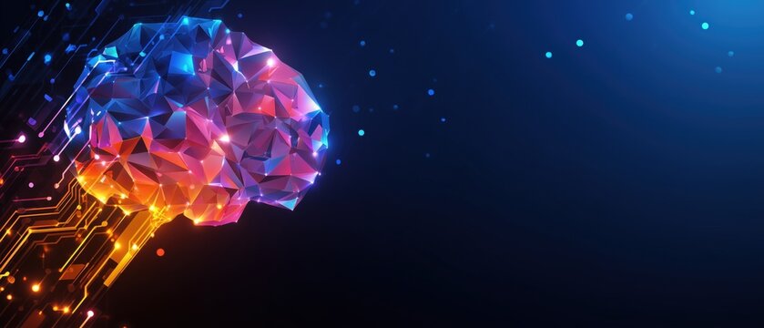 background with colorful low-poly brain and circuit board elements on a dark blue color, an ai concept banner design for a digital technology website header Generative AI