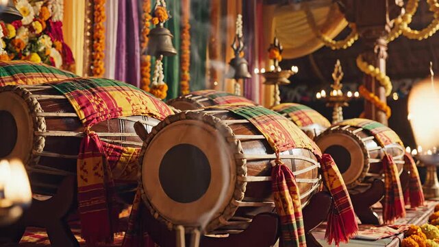 Traditional Indian Dhol Drums Decorated With Colorful Fabric And Bells In A Temple Setting With Oil Lamps And Incense